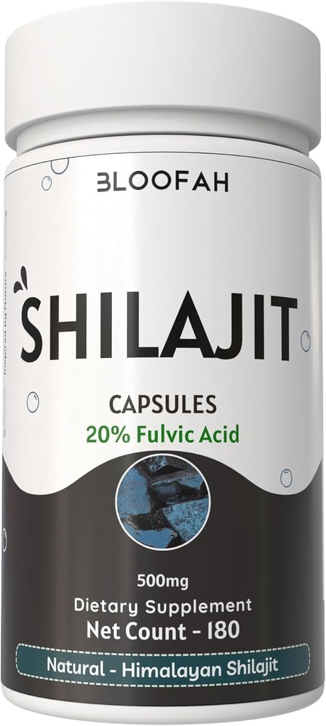 Bloofah Shilajit Capsules 500 mg |% 20 Tür Fulvic Acid | Natural Shilajit Toz (Asphaltum) | Non-GMO, Gluten-Free | Premium Wellness Supplement for Daily Use (180 Kont)