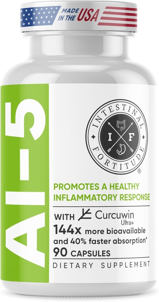 Intestinal Fortitude AI-5 - Digestive φυτική κάψουλα συμπλήρωμα w/CurcuWIN, Turmeric, Κουρκουμίνη, Boswellia Serrata, Ginger Root & EGCG Πράσινο Τσάι για Gut & Digestive Υγεία Υποστήριξη, Μη-ΓΤΟ, Γαλακτοκομικά Δωρεάν
