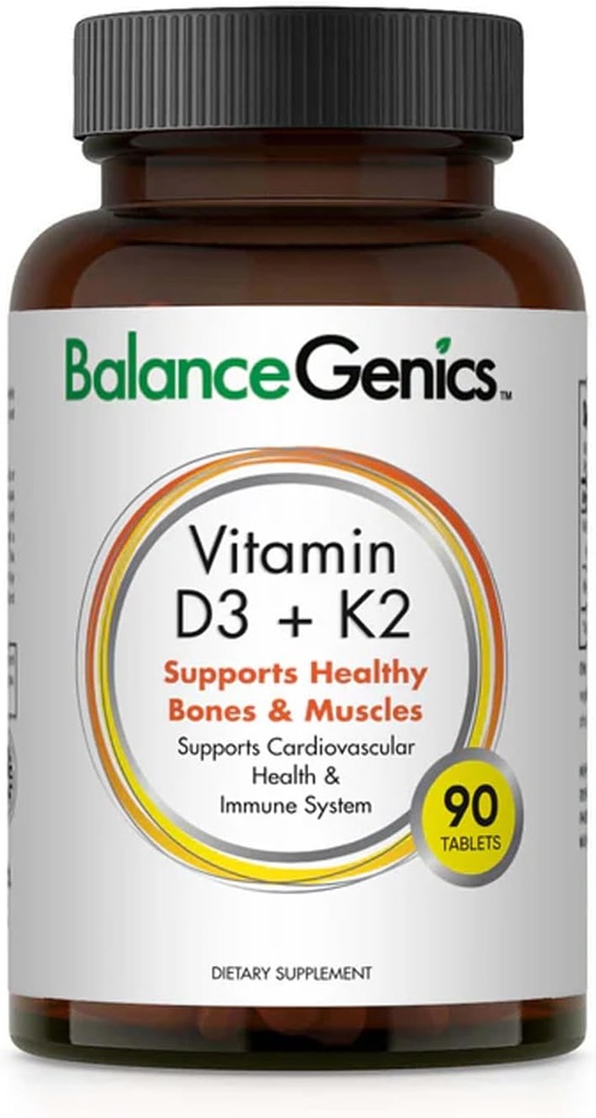 Vitamin D3 + K2 for Healthy Bones & Muscles - Dietary Supplement Supports Immune System, Muscle Function & Overall Wellness - Calcium Supplement with Organic Formula - 50mcg D3&75mcg K2
