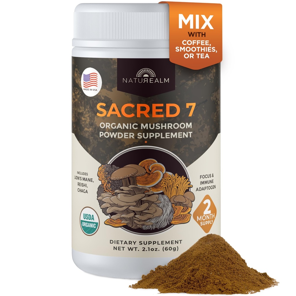 Doğasalm Kutsal 7 Organik Mushroom Supplement – 100% Lions Mane, Reishi, Chaga & More | Nootropic & Immune Support for Coffee, Tea, Smoothies – 60 Hizmetler