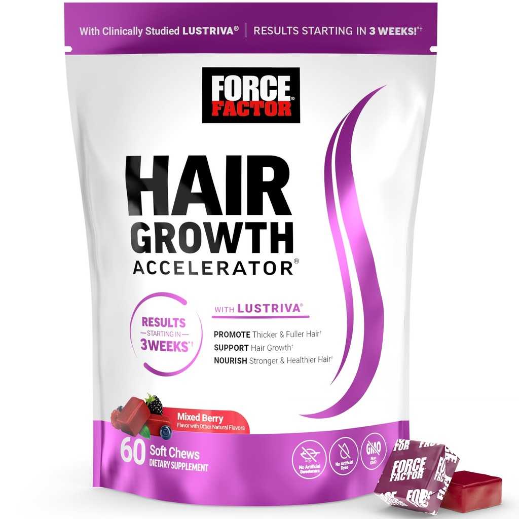 Force Factor Hair Growth Accelerator Soft Chews, Hair Growth Vitamins for Women and Men with Clinically Studied Lustriva and Biotin, Προωθεί το Thicker, Fuller, Stronger Hair, Mixed Berry, 60 Soft Chews