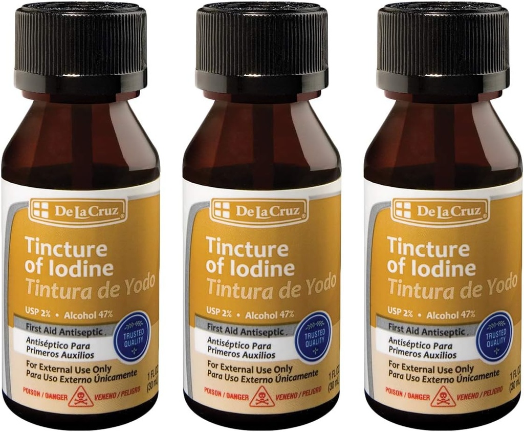 De La Cruz 2 Iodine First Aid Antiseptic, Made in USA 1 FL OZ (3 Şişe)