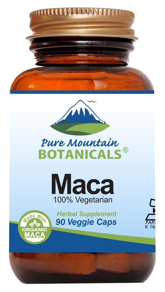 Pure Mountain Botanicals Maca Root Capsules - Kosher Vegan Caps Now with 1000 mg Organic Raw Macca and Gelatinized Maca Root Supplement