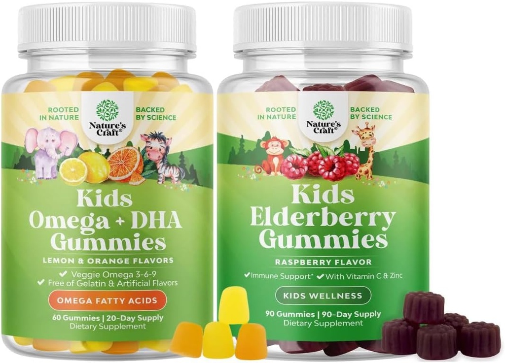Çocuk DHA Omega 3 Gummies - Fatty Asits Omega 3 6 9 Beyin Immune Strength & Vizyon - Beslenme DHA ve Sambucus Elderberry Çocuklar Sağlığı için Hastalıklar - çinko ve Vitamin C