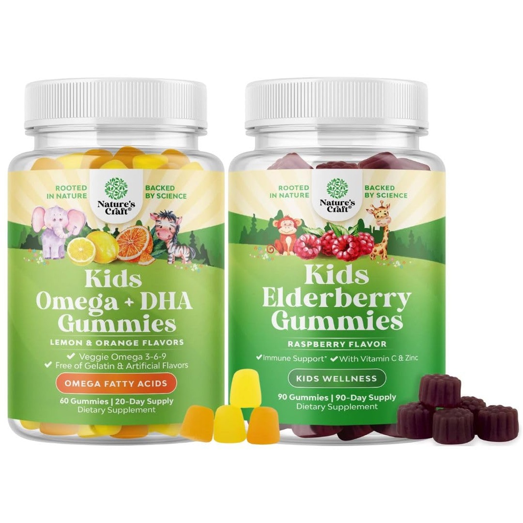 Çocuk DHA Omega 3 Gummies - Fatty Asits Omega 3 6 9 Beyin Immune Strength & Vizyon - Beslenme DHA ve Sambucus Elderberry Çocuklar Sağlığı için Hastalıklar - çinko ve Vitamin C