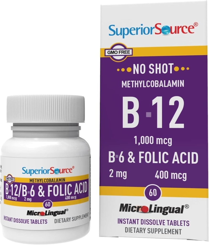 Üstün Kaynak No Shot Vitamin B-12 Torchcobalamin 1000 mcg, B-6 & Folic Acid 400 mcg - Supports Brain & Heart Health - Aids Natural Energy Levels - 60 Sublingual Dis çözülme Tabletleri - 60 Altlama