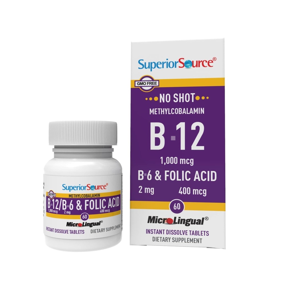 Üstün Kaynak No Shot Vitamin B-12 Torchcobalamin 1000 mcg, B-6 & Folic Acid 400 mcg - Supports Brain & Heart Health - Aids Natural Energy Levels - 60 Sublingual Dis çözülme Tabletleri - 60 Altlama