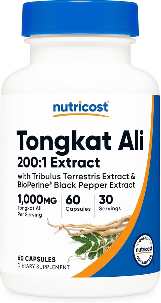 Nutricost Tongkat Ali 1,000mg 60 Capsules - with Tribulus Terrestris and BioPerine, Vegetarian Caps, Non-GMO, Gluten Free, Potent Extract