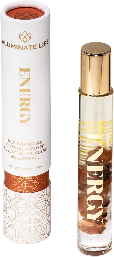 Essential Oil Rollerballs, .34 OZ, Energy - Red Carnelian Crystal Infused - Scents of Lemon, Grapefruit, & Bergamot - Aromatherapy Roll On Oils, Skin Care, Massage