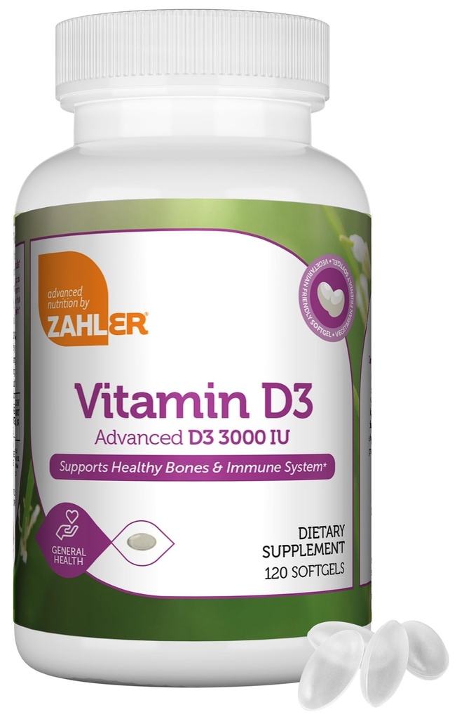 Zahler - Gelişmiş Vitamin D3 3000 IU Softgels (120 Kont) Kosher Vegetarian Friendly D for Immune Support, Bone, Teeth & Muscle Health - Daily D3 Vitamini Yetişkinler için - Kolay Swallow.