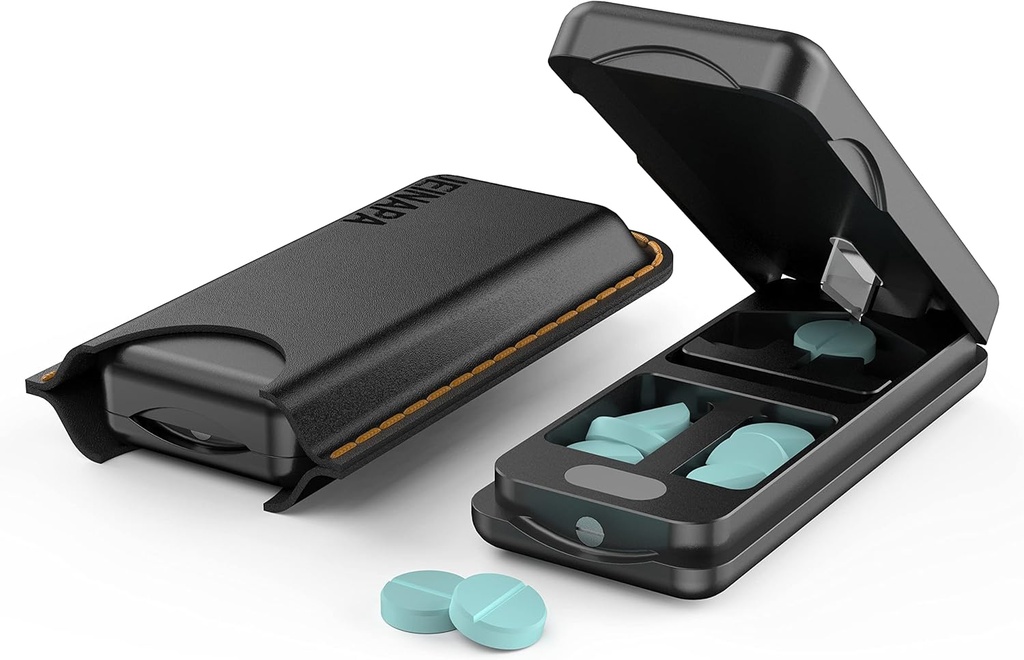 Pill Cutter with Auto Centering Device, Aluminum Pill Splitter with 316L Stainless Blade, Genuine Leather Case, Professional Pill Splitter for Cutting Small Pills or Large Pills (Black)