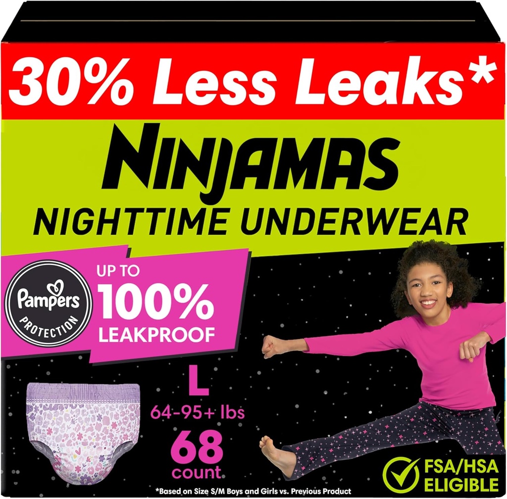 Ninjamas Girls Bedwetting Nighttime Underwear, Pampers Pull Ups Boyut L (64-95+ lbs), 68 Kont, Overnight Underwear Kids, Ultra Absorbent, Hipoallergenicicic