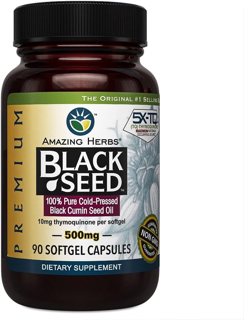 Amazing Herbs Premium Black Seed Oil Capsules - Cold Pressed Nigella Sativa Aids in Digestive Health, Immune Support, Brain Function, Gluten Free, Non GMO - 90, 500 mg