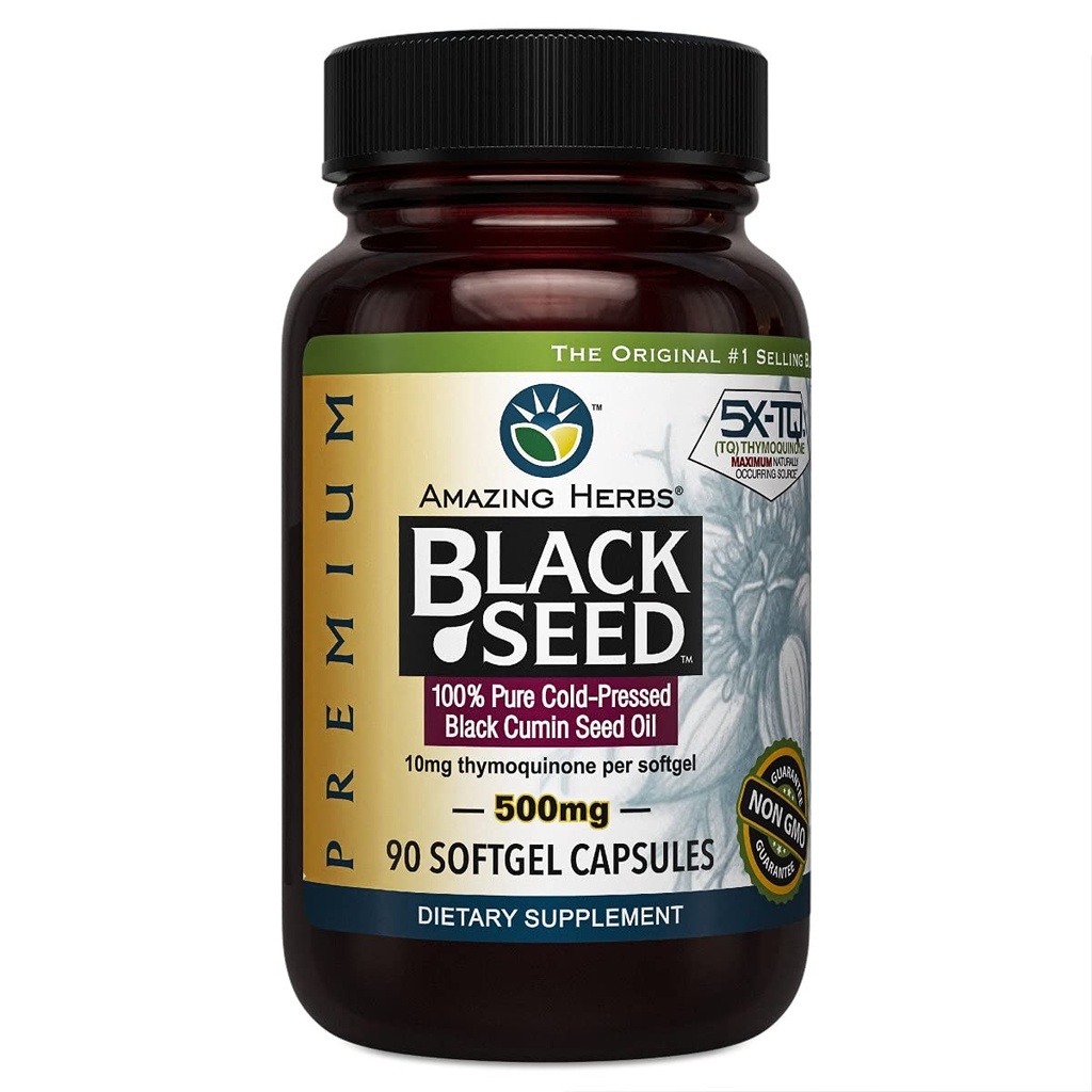 Amazing Herbs Premium Black Seed Oil Capsules - Cold Pressed Nigella Sativa Aids in Digestive Health, Immune Support, Brain Function, Gluten Free, Non GMO - 90, 500 mg
