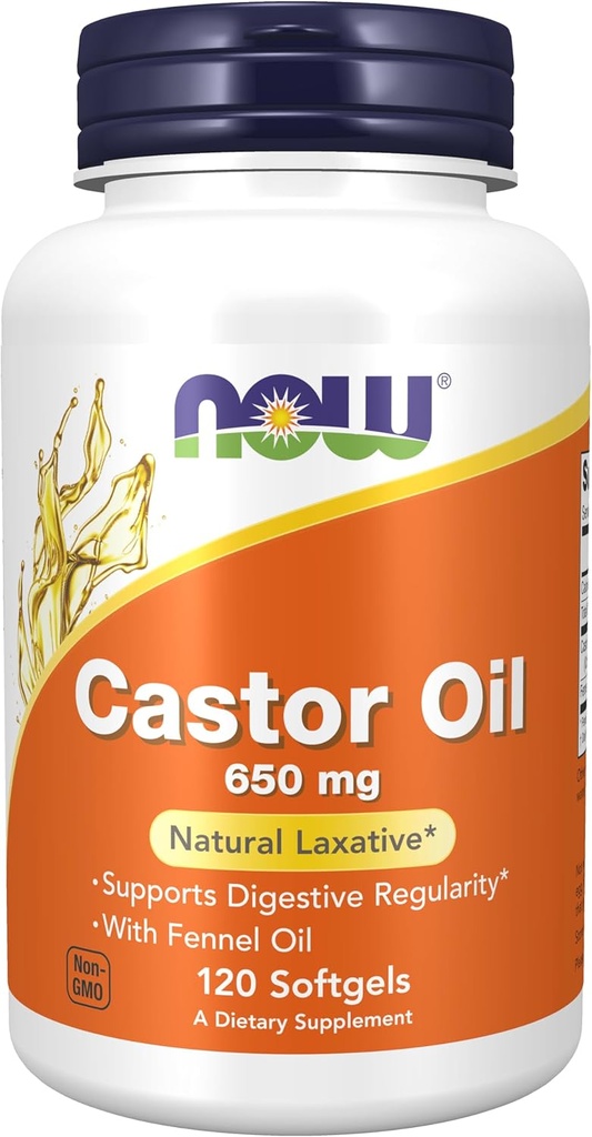 NOW Foods Supplements, Castor Oil 650 mg with Fennel Oil, Natural Laxative*, 120 Softgels