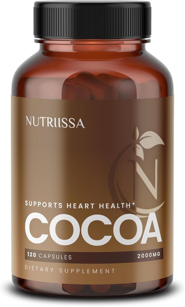 Nutriissa Cocoa Capsules 2000 mg - Gelişmiş Kalp Sağlığı, Nitrik Oksit & Circulation Support - 500 mg Cocoa Flavanols per Service - EPEB Saflık ve Potency - Vegan, 120 Capsules, 40 Hizmetler
