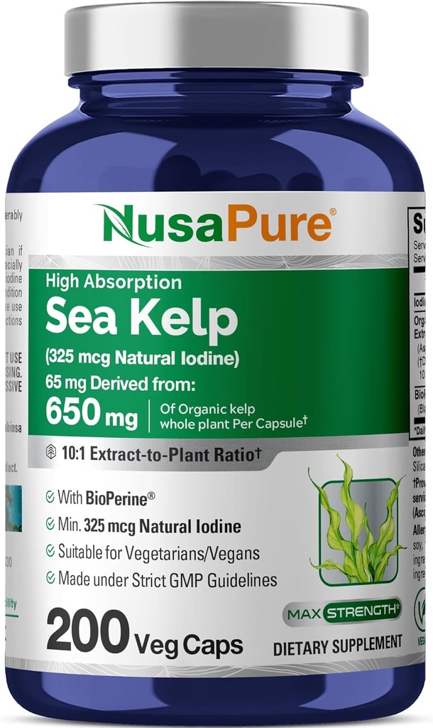 NusaPure Sea Kelp Natural Iodine 325mcg 10:1 Extract, 65 mg Equivalent to 650 mg Capsule 200 Count (Non-GMO, Vegan)