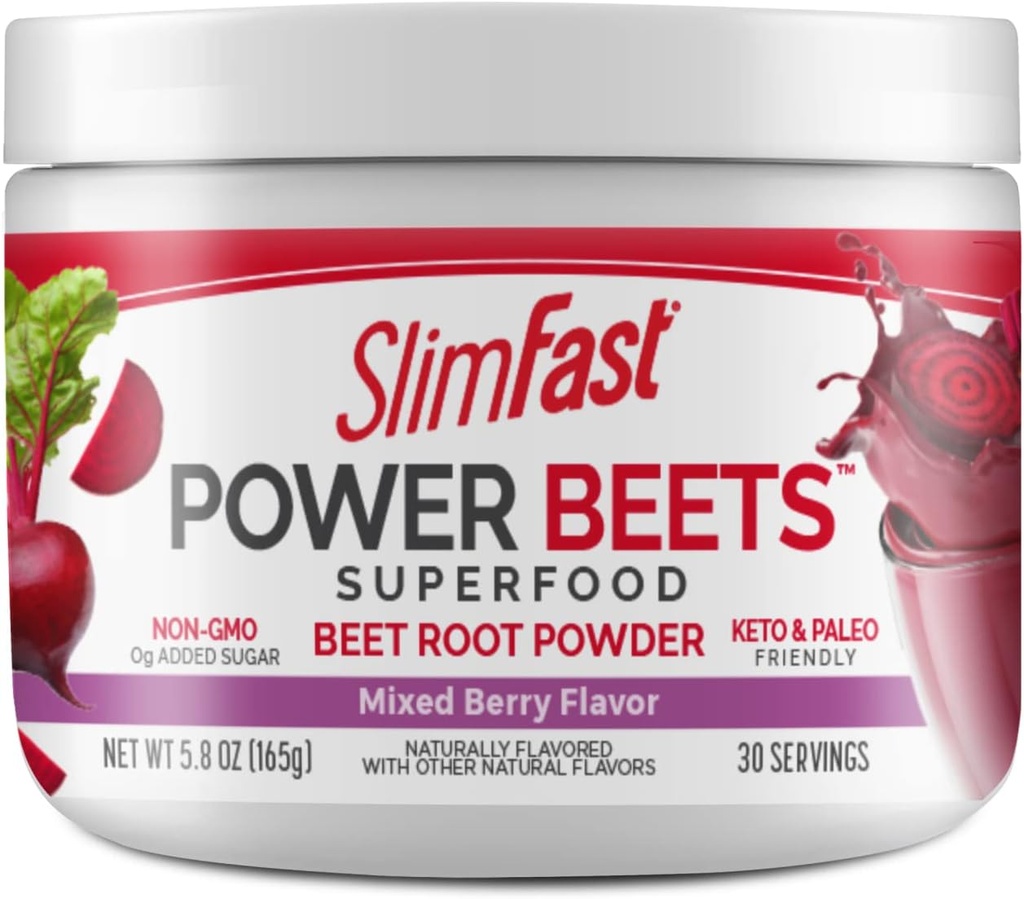 SlimFast Beet Root Powder, Beets Powder Superfood, Fermented Fry Drink Mix, Keto & Paleo Friendly, Non GMO, Great Smoothie Mix- Power Beets Mixed Berry Flavor- 30 Μερίδες (Pack of 1)