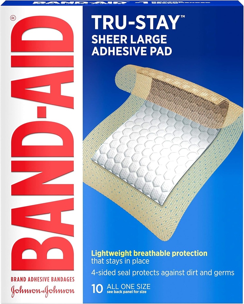 Band-Aid Brand Tru-Stay Yapıştırıcı Pads, ilk Yardım ve Yara Bakımı için steril Bandajlar, Pad Covers & Protections Minor Cuts, Boats & Burns, Hafif, Büyük Boyut, 10 Konte