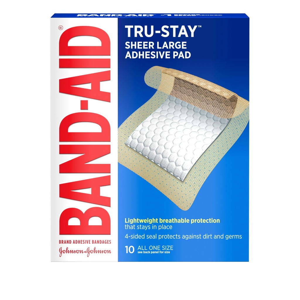 Band-Aid Brand Tru-Stay Yapıştırıcı Pads, ilk Yardım ve Yara Bakımı için steril Bandajlar, Pad Covers & Protections Minor Cuts, Boats & Burns, Hafif, Büyük Boyut, 10 Konte