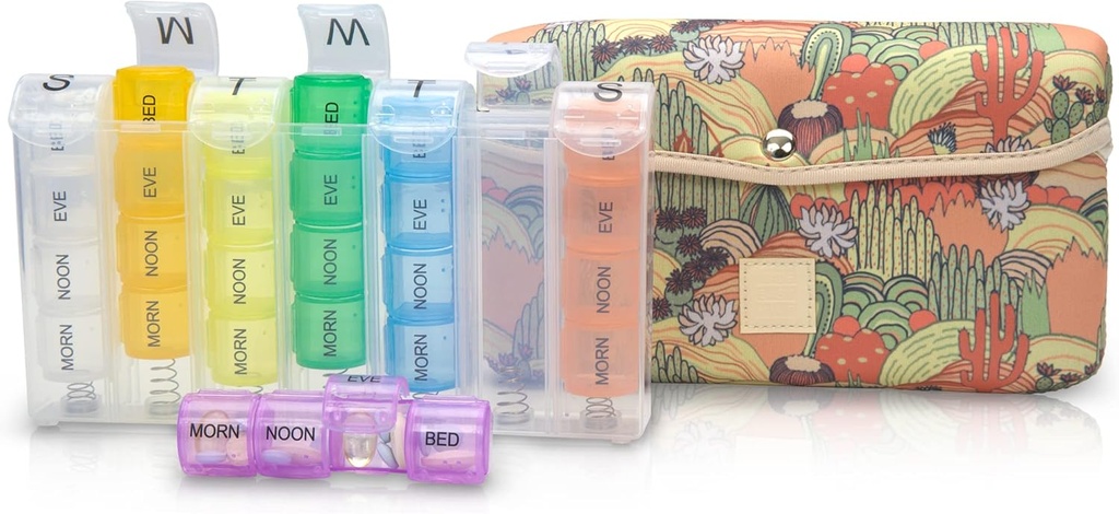 Made Easy Kit Pill Υπόθεση Μεγάλο 7-Ημέρα / 28 Διαμερίσματα σε Neoprene Carrier με κουτί χαπιών αποθήκευσης σε καθημερινή σε Morn, NOON, EVE, Bed a Weekly Vitamin, Medicine, Capsule Organization (Khaki Desert Cactus)