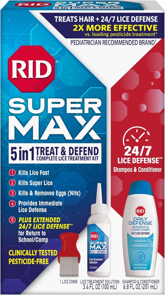 RID Super Max Lice Treatment Kit, Kills Lice & Super Lice & Eggs + 24/7 Lice Defense, Feather Free, 3.4 FL OZ Solution + 6.8 FL OZ Daily Defense Shampoo & Conditioner + Nit Αφαίρεση Comb