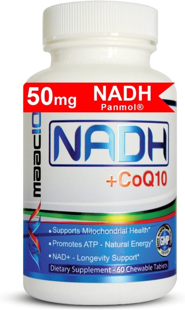MAAC10 NADH + CoQ10 Supplement | Great Tasting Chewable Tabletler | 50 mg PanoMOL® NADH + 100 mg CoQ10 | For Fatigue, Energy and mental Focus | NAD+ Supplement (60 Tabletler 2 başına)