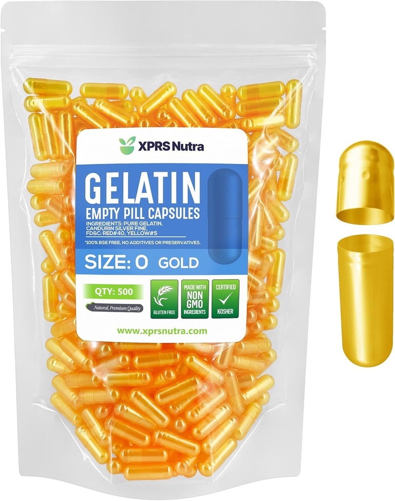 XPRS Nutra Μέγεθος 0 Άδειες κάψουλες - 500 Count Empty Gelatin Κάψουλες - Χάπια DIY Καψάκιο Γέμισμα - Καθαρά Καπάκια για Χάπια Βοοειδών Gel για Συμπληρώματα Do-It-Yourself (Χρυσό)