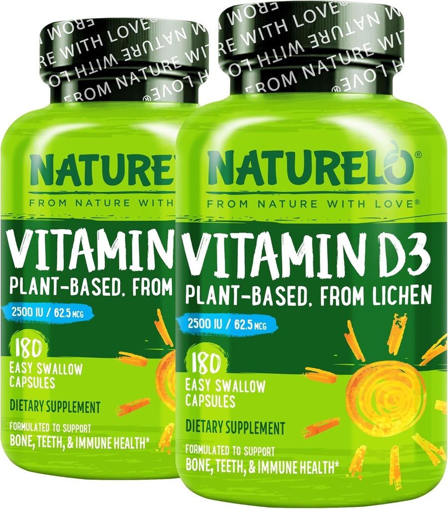NATURELO Βιταμίνη D - 2500 IU - Φυτό με βάση από τη λειχήνα - Φυσικό συμπλήρωμα D3 για το ανοσοποιητικό σύστημα, υποστήριξη των οστών, κοινή υγεία - Vegan - Μη-ΓΤΟ - Χωρίς γλουτένη - 180 κάψουλες (πακέτο του 2)