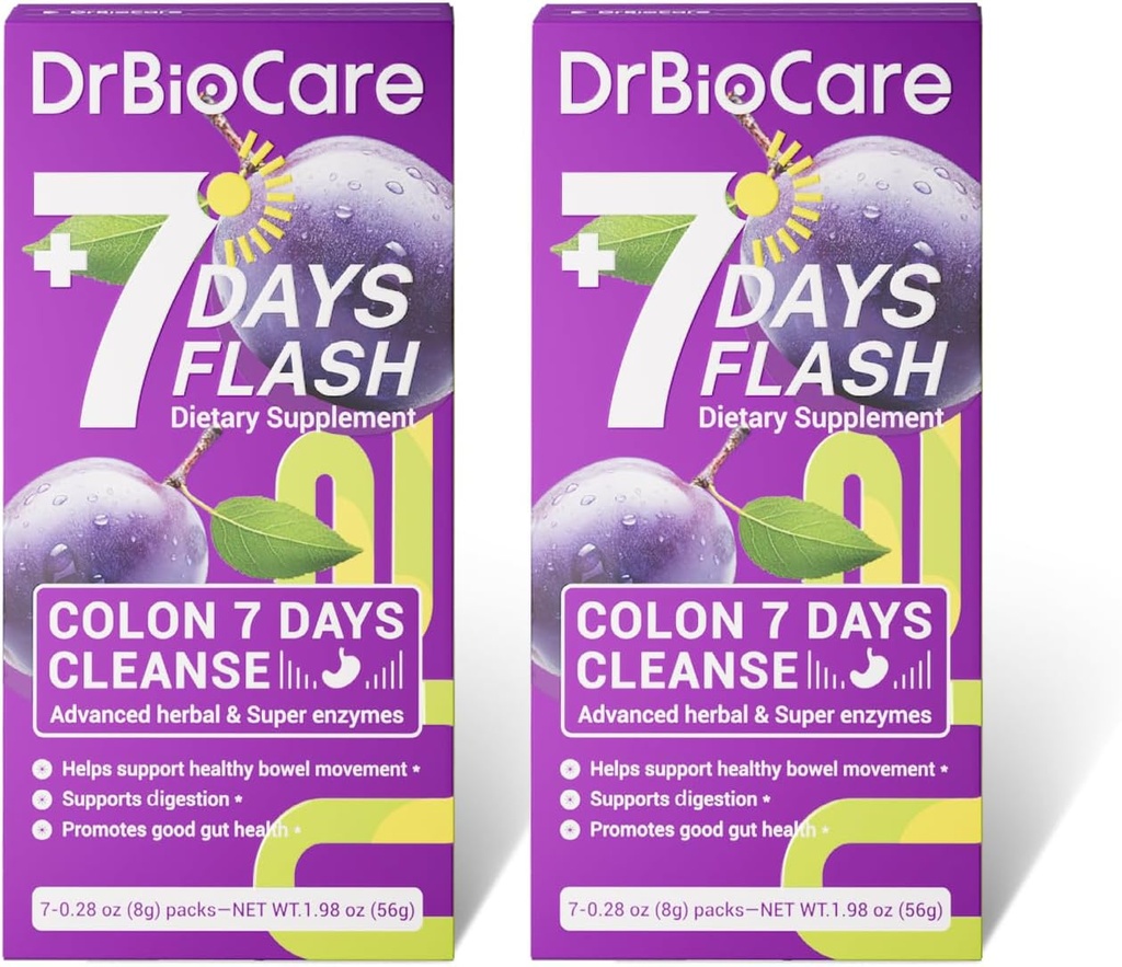 DrBioCare Colon 7 Ημέρες Καθαρισμός, 7 Ημέρες Flash, Καθαρισμός Κολώνων, Detox & Digestive Υποστήριξη, Prune Γεύση - 14 Πακέτα