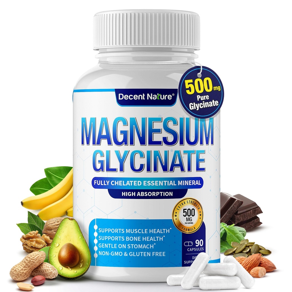 Magnezyum Glycinate 500 mg Supplement - Yüksek Absorpsiyon ve Bioavailability Support Sleep, Muscle, Bones, Cramps, Recovery & Energy, Vegan Non-GMO 90 Capsules