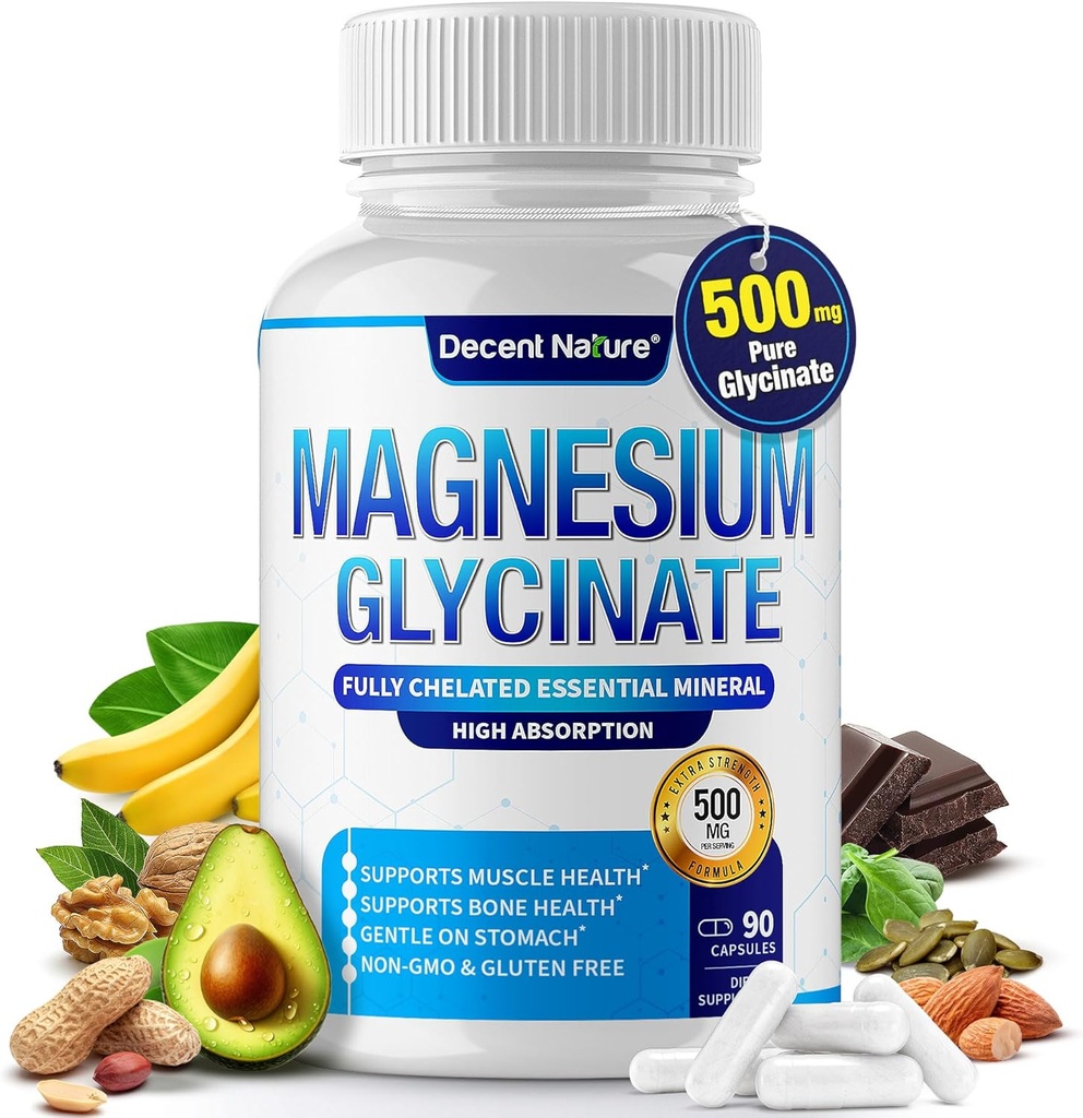 Magnezyum Glycinate 500 mg Supplement - Yüksek Absorpsiyon ve Bioavailability Support Sleep, Muscle, Bones, Cramps, Recovery & Energy, Vegan Non-GMO 90 Capsules
