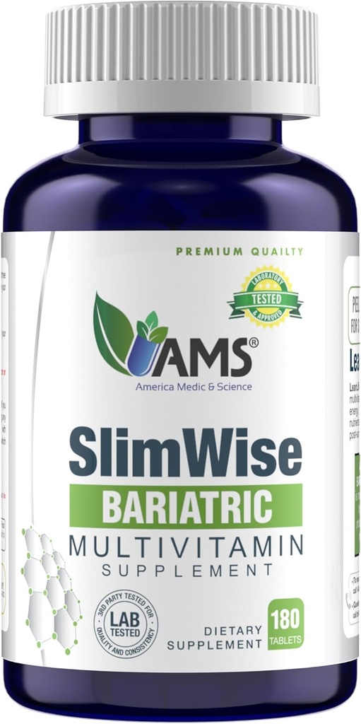 Amerika Medic & Science SlimWise Bariatric Multivitamin – 180 Caplets | 2Month Supply | Post Gastrik Bypass & kol Desteği | Iron, B12, L3, Folate | Easy-to-Swallow Bariatrics