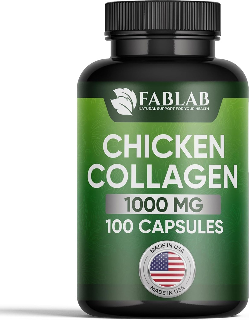 FabLab Chicken Collagen Τύπου ΙΙ συμπλήρωμα - συμπλήρωμα διατροφής για κοινή, νευρωνική και οστική υποστήριξη - Μη ΓΤΟ, Αντιγηραντικό Διαιτητικό προϊόν με υδρολυμένες πεπτίδες- 100 κάψουλες