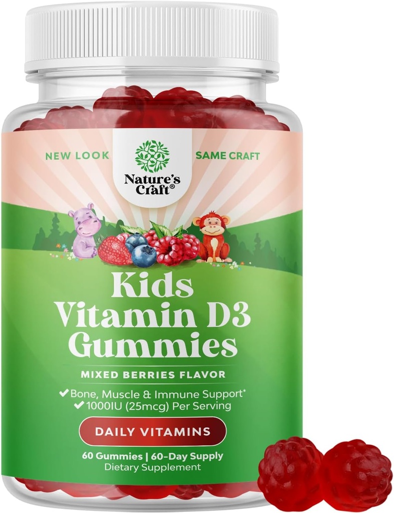 Çocuklar için Uygun Vitamin D Gummies - Lezzetli Vitamin D 1000 I Per Servis - Toddler Immune Support Gummies - Bones Health & Muscles - Gelatin Free - 60 Chews