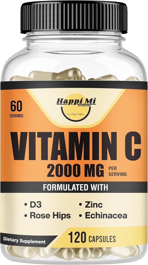 Βιταμίνη C 2000MG, Ψευδάργυρος 40 mg, Βιταμίνη D3 5000 IU, Echinacea Extract, Τριαντάφυλλο, Ανοσοποιητική Υποστήριξη για Ενήλικες & Παιδιά, Ανοσοποιητικό Αναμνηστικό,120 Καπάκια Vegan, 60 Ημέρα Προμήθεια, Μη ΓΤΟ, Χωρίς Φίλτρο