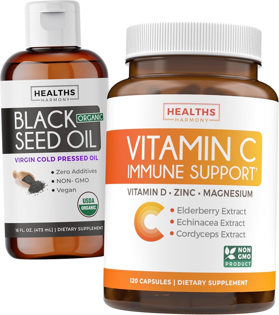 Black Seed Oil Liquid & Immune Support (2-Month Supply) Immune Maximiser (1994) - Black Seed Oil Liquid (16fl.oz) Premium Cold-Pressed Clackin Tohum Yağı ve Vitamin C Immune Desteği (120 Veg Caps)