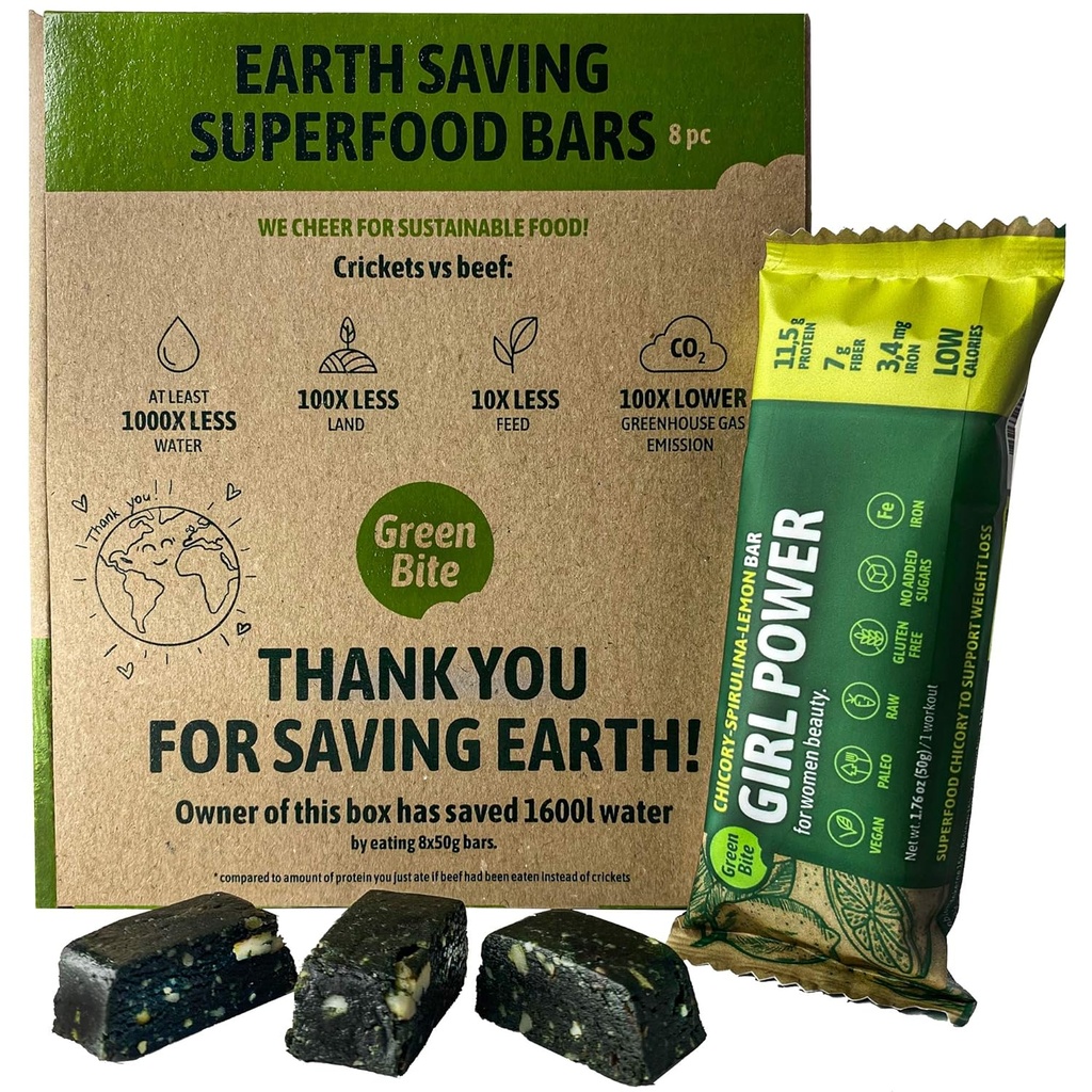 Girl Power protein Bars Low Calorie High protein, Meal Change Bars for Best Şekil, Vegan Protein Snacks, Iron-Rich Protein Bars, No Sugar, Chicory Spirulina Lemon Flavor, 8 Paket - Green Bite