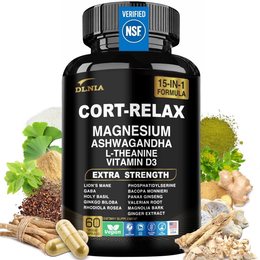 Super Calm Cortisol Supplement with Glycinate, Ashwagandha KSM-66, L-Theanine, Phosphatidylserine, Ginkgo Biloba & Lions Mane for Calm, Focus, mental Clarity, Relaxation, Sleep, Energy