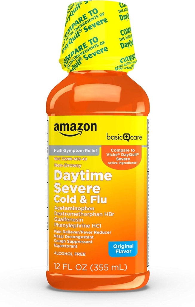 Basic Care Severe Daytime Cold and Flu, maximum Strength Liquid Cold Medicine, Non-Drowsy, Multi-Symptom Relief, for Yetişkinler ve Çocuklar için 6 ve Over, Original, 12 fl oz (Pack of 1)