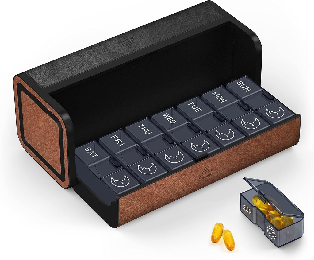 Tıp Pill Organizer, 7 Günlük AM PM Pill Box 2 Zaman Bir Gün, Seyahat Deri Pill Vakası, Çift Açılışı Basın, İlaç Vitaminleri Balık Yağı ve Supplements (Black and Brown)