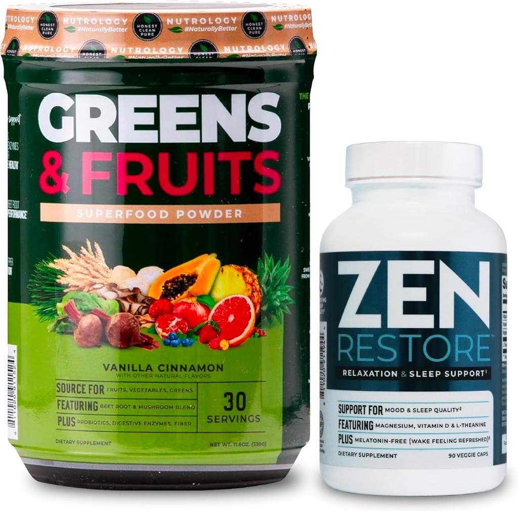 Nutrology Greens & Fruits Toz-Doly Sourced Superfood, Vanilla Cinnamon (30 hizmet) Zen Natural Magnezyum Supplement (30 hizmet)