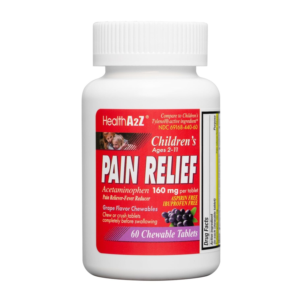 HealthA2Z® Çocuk Chewable Pain Relief | Acetaminophen 160 mg | Chewable Tabletler | Grape Flavor Chewables | aspirin & Ibuprofen Free (60 Counts)