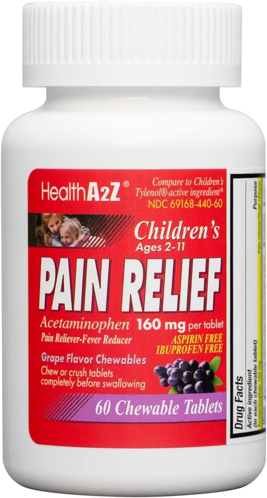 HealthA2Z® Çocuk Chewable Pain Relief | Acetaminophen 160 mg | Chewable Tabletler | Grape Flavor Chewables | aspirin & Ibuprofen Free (60 Counts)