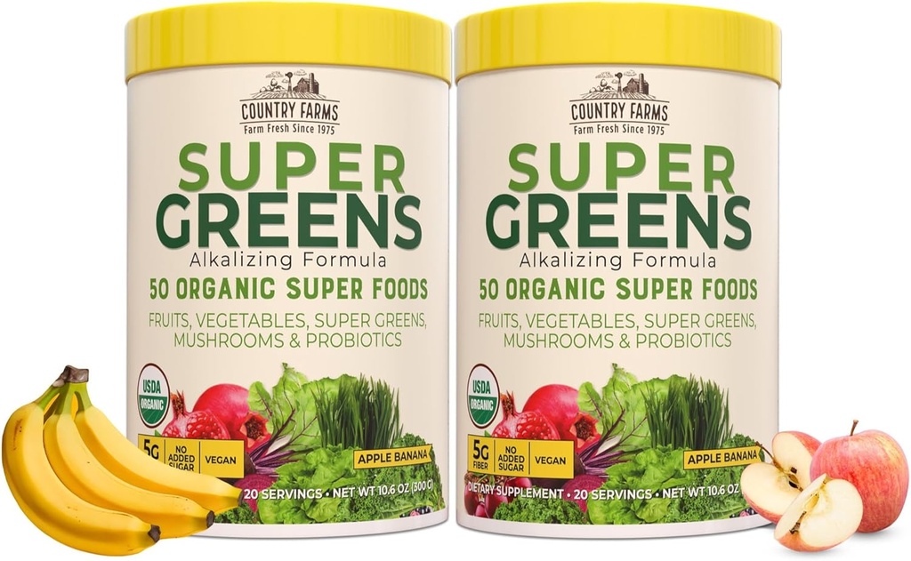 Αγροκτήματα χώρα Super Greens Apple Μπανάνα σε σκόνη Smoothie, Βιολογικά Super Foods, USDA Βιολογικό Μείγμα Ποτών, Φρούτα, Λαχανικά, Μανιτάρια, Superfood Διατροφή, 40 Μερίδες, 2 Συσκευασία