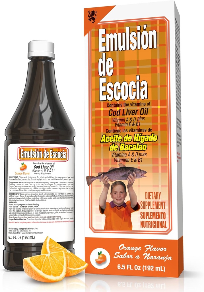 EMULSION DE ESCOCIA Cod Liver Oil, Orange Flavor, 6.5 fl oz (1 Pack) – Vitaminler A, D, E, B1, Omega-3 Immune ve Bone Health için, Kids & Yetişkinler