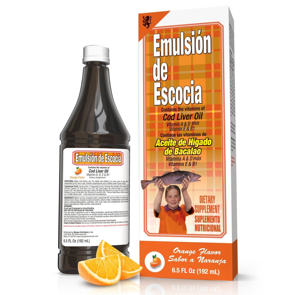 EMULSION DE ESCOCIA Cod Liver Oil, Orange Flavor, 6.5 fl oz (1 Pack) – Vitaminler A, D, E, B1, Omega-3 Immune ve Bone Health için, Kids & Yetişkinler