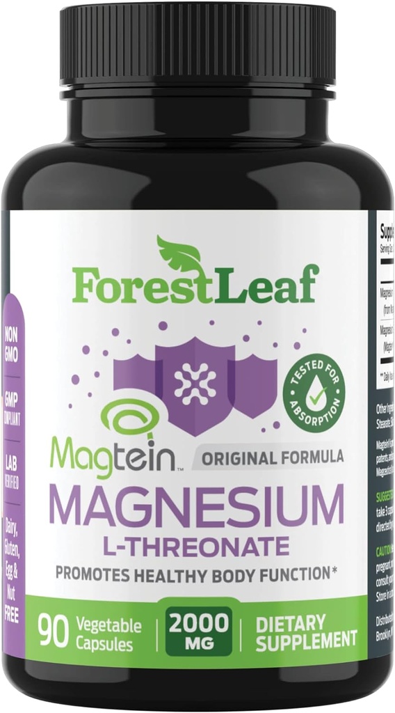 Forest Leaf L-Threonate Magtein Capsules - 2000 mg Threonate Supplement Supports Cognitive Function, Focus, Brain, Deep Calm ve Men & Women için Uyku | 90 Toz Veg Caps