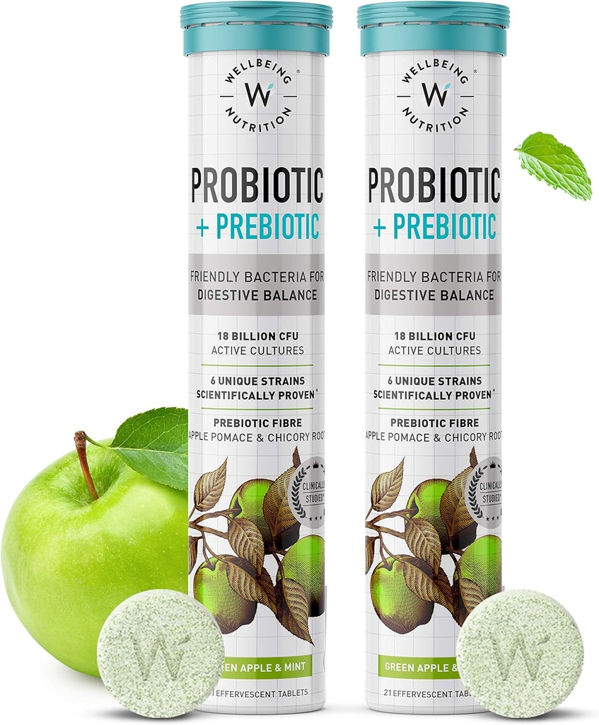 WELLBEING NUTRITION Daily Probiyotik + Prebiyotik| Plantive |18 Milyar CFU, Organik Prebiyotik Fiber for Digestion, Gut Health, Metabolism | 42 Effervescent Tabs