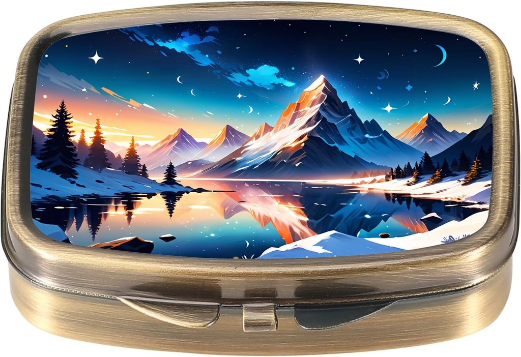 Dynippy Pill Case Pill Box with Mirror Retro Pocket 2 Karşılaştırmalı Tıp Davası Pill Organizer for Pocket Purse and Travel (Retro- Snowy Mountain Reflections)